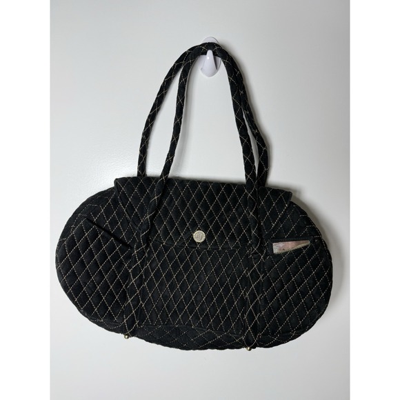 Eric Javits Handbags - Eric Javits Quilted Black Velvet Tote Shoulder Bag Gold Stitching NYC
